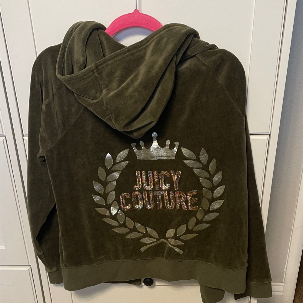 Vintage Juicy Couture Olive Velour Zip Hoodie with Metallic Crest